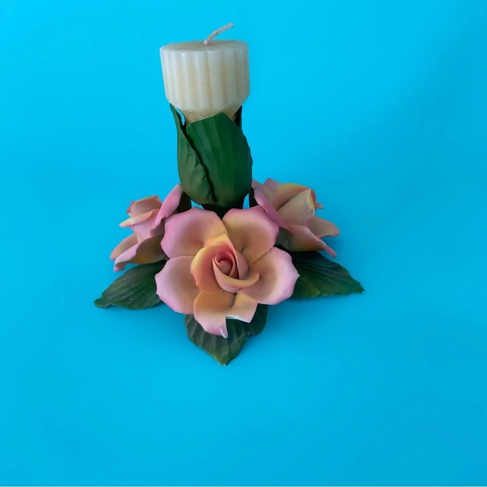 Capodimonte Italian porcelain rose floral candle holder vintage home decor